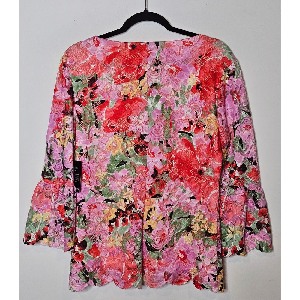 Boston Proper NEW Printed V Neck Scalloped Lace Top Floral Womens Large Vibrant - Picture 5 of 5